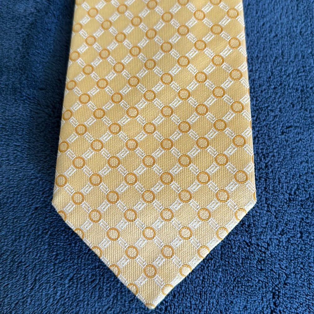 Versace Men’s Tie - Yellow with Tan Details - 100% Silk - Made in Italy